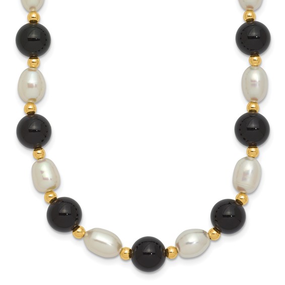 14k 6-7mm White Rice Freshwater Cultured Pearl and Onyx Beads 17 inch Necklace