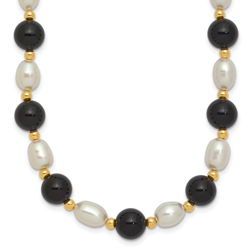 14K Yellow Gold 6-7mm White Rice Freshwater Cultured Pearl and Onyx Beads Necklace, 17"