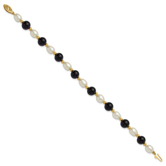 14k 6-7mm White Rice Freshwater Cultured Pearl and Onyx Beaded 8 inch Bracelet