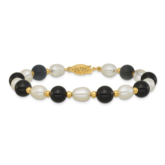 14k 6-7mm White Rice Freshwater Cultured Pearl and Onyx Beaded 8 inch Bracelet