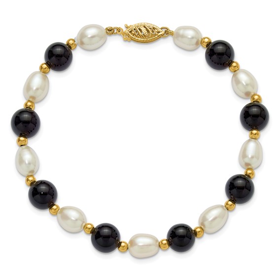 14k 6-7mm White Rice Freshwater Cultured Pearl and Onyx Beaded 8 inch Bracelet