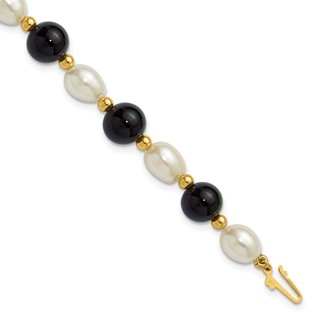 14k 6-7mm White Rice Freshwater Cultured Pearl and Onyx Beaded 8 inch Bracelet