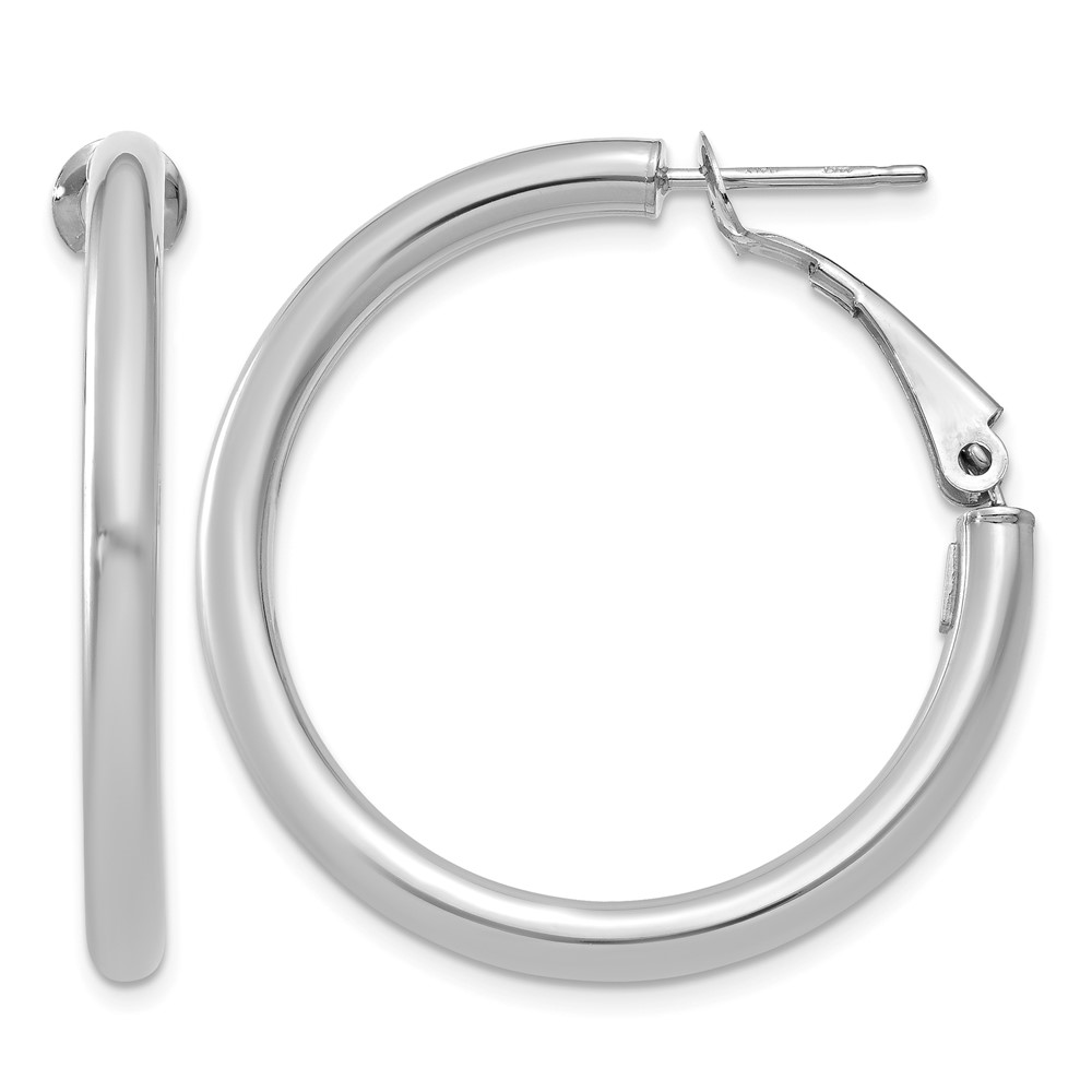 14k White Gold 3x25mm Polished Round Omega Back Hoop Earrings (PRE222W)