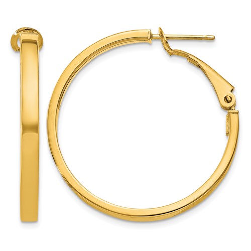 14K Yellow Gold 3x 30mm Polished Square Tube Omega Back Round Hoop Earrings