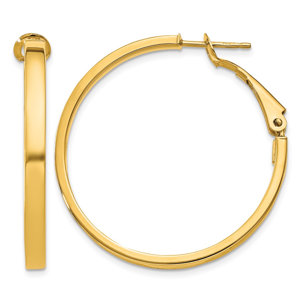 14K Yellow Gold 3x 35mm Polished Square Tube Omega Back Round Hoop Earrings