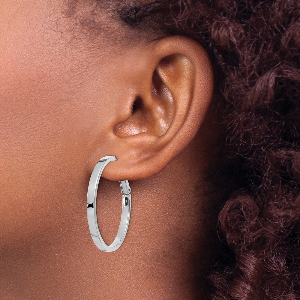 14k White Gold 3x30mm Polished Square Tube Round Hoop Earrings (PRE230W)