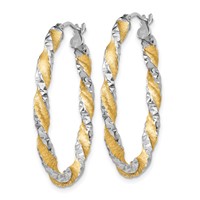 14K White Gold & Yellow Rhodium Twisted D C Oval Hoop Earrings view 2