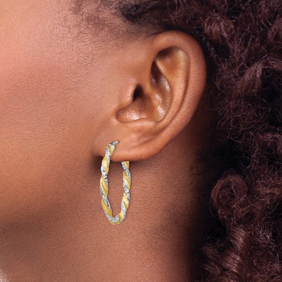 14k White Gold & Yellow Rhodium Twisted D/C Oval Hoop Earrings
