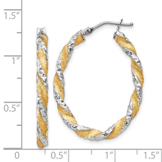 14k White Gold & Yellow Rhodium Twisted D/C Oval Hoop Earrings