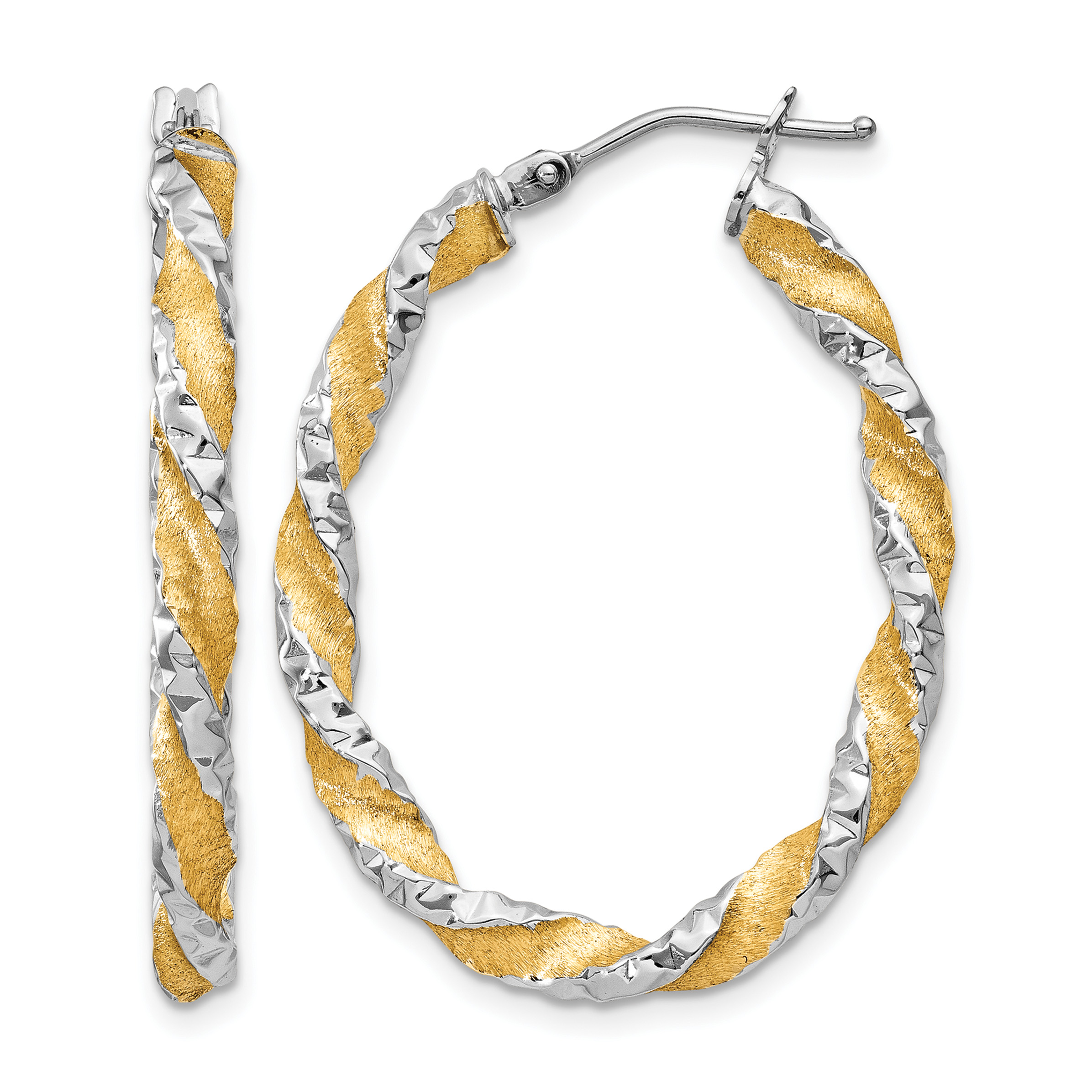 14k White Gold & Yellow Rhodium Twisted D/C Oval Hoop Earrings (PRE781)