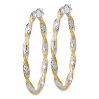 14K White Gold & Yellow Rhodium Twisted D C Oval Hoop Earrings view 2