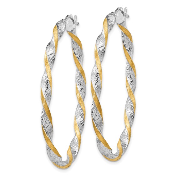 14k White Gold & Yellow Rhodium Twisted D/C Oval Hoop Earrings