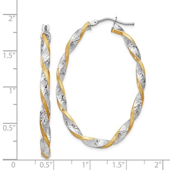 14k White Gold & Yellow Rhodium Twisted D/C Oval Hoop Earrings