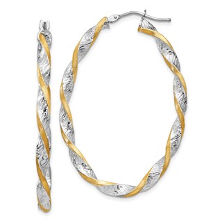 14k White Gold & Yellow Rhodium Twisted D/C Oval Hoop Earrings