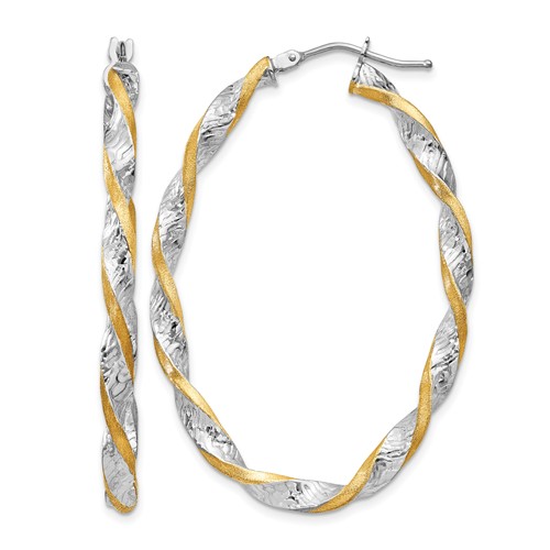 14K White Gold & Yellow Rhodium Twisted D C Oval Hoop Earrings