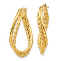 14K Yellow Gold Textured and Polished Twist Oval Hoop Earrings view 2