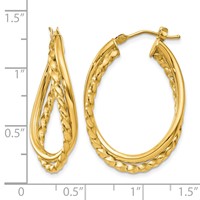 14K Yellow Gold Textured and Polished Twist Oval Hoop Earrings view 4