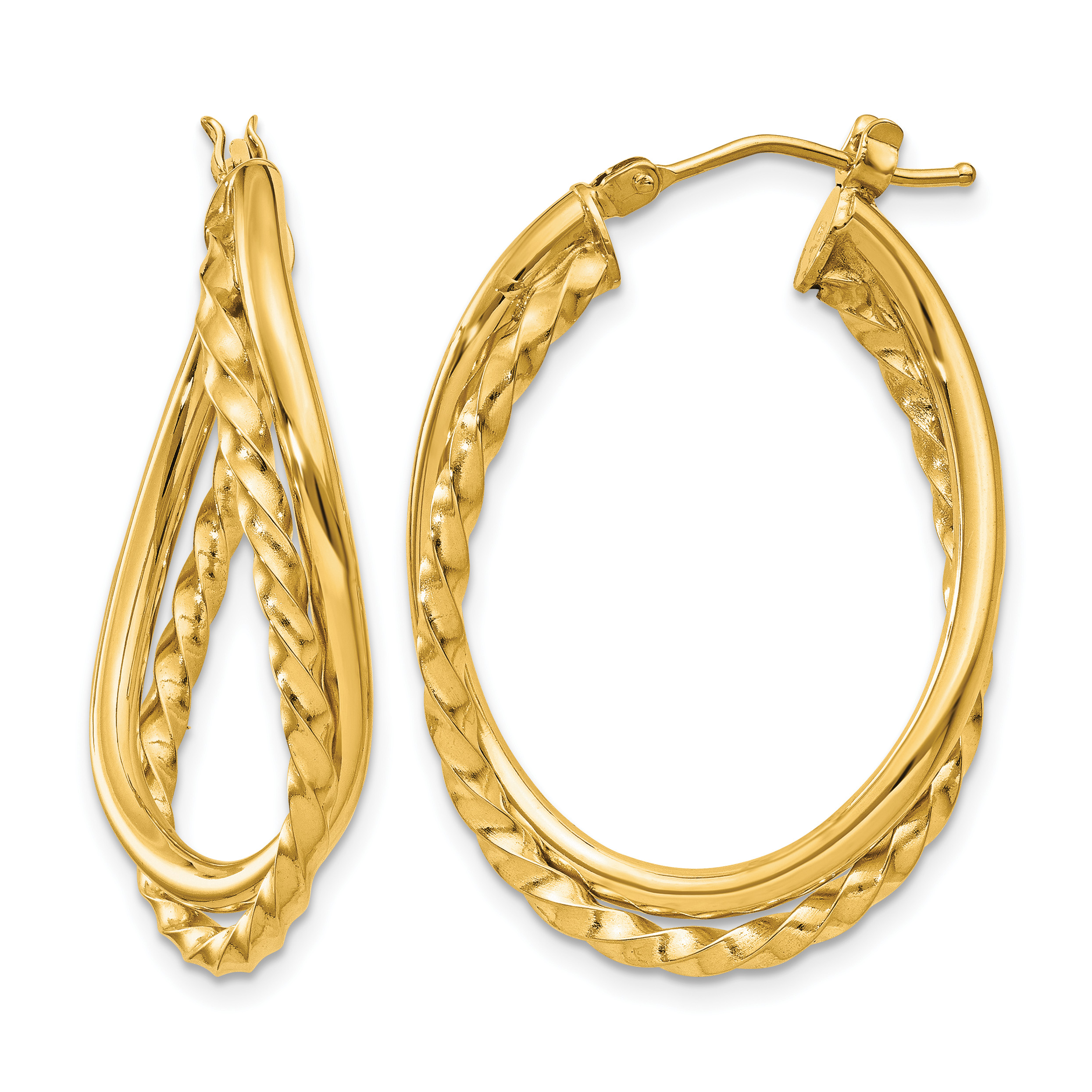 14k Textured and Polished Twist Oval Hoop Earrings (PRE785)