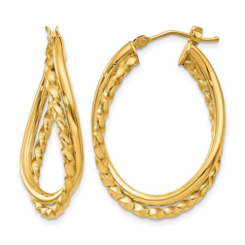 14K Yellow Gold Textured and Polished Twist Oval Hoop Earrings