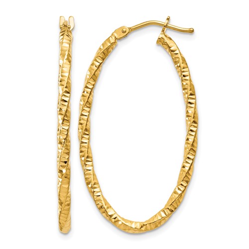 14K 2mm Yellow Gold Diamond-cut Oval Hoop Earrings
