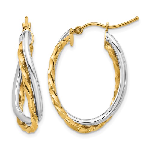 14K Two-Tone Textured and Polished Twist Oval Hoop Earrings