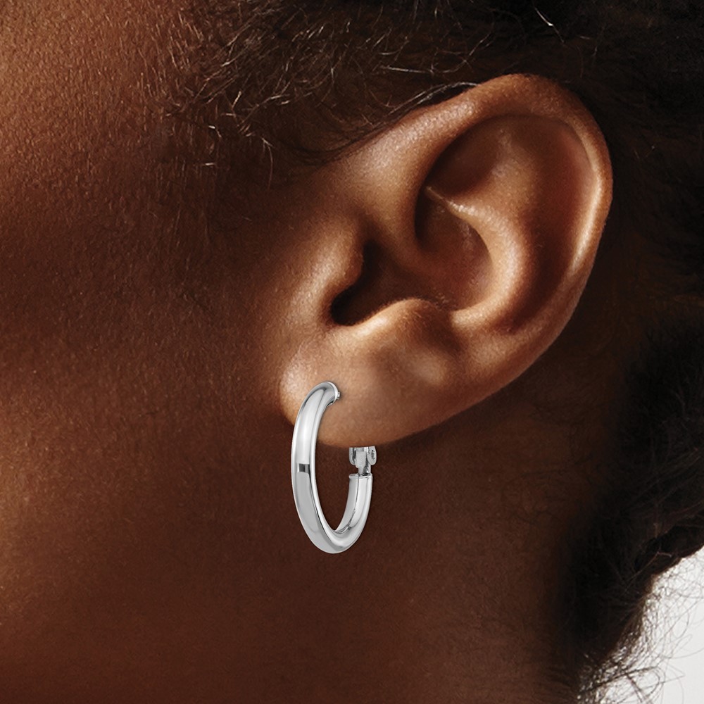 14k White Gold 3x15mm Polished Round Omega Back Hoop Earrings (PRE922W)