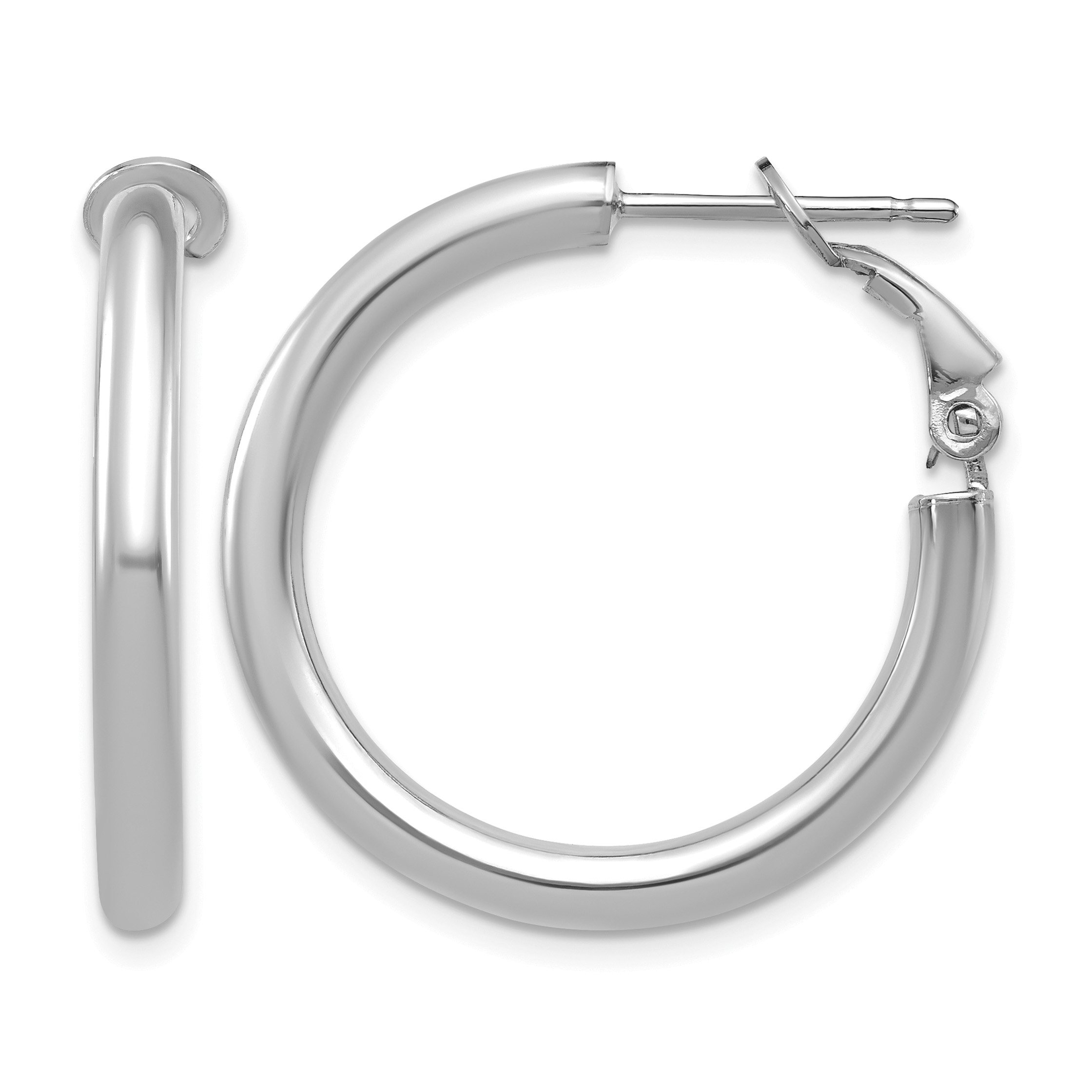 14k White Gold 3x20mm Polished Round Omega Back Hoop Earrings (PRE923W)