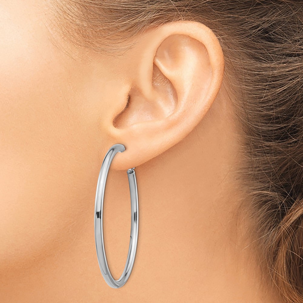 14k White Gold 3x45mm Polished Round Omega Back Hoop Earrings (PRE924W)
