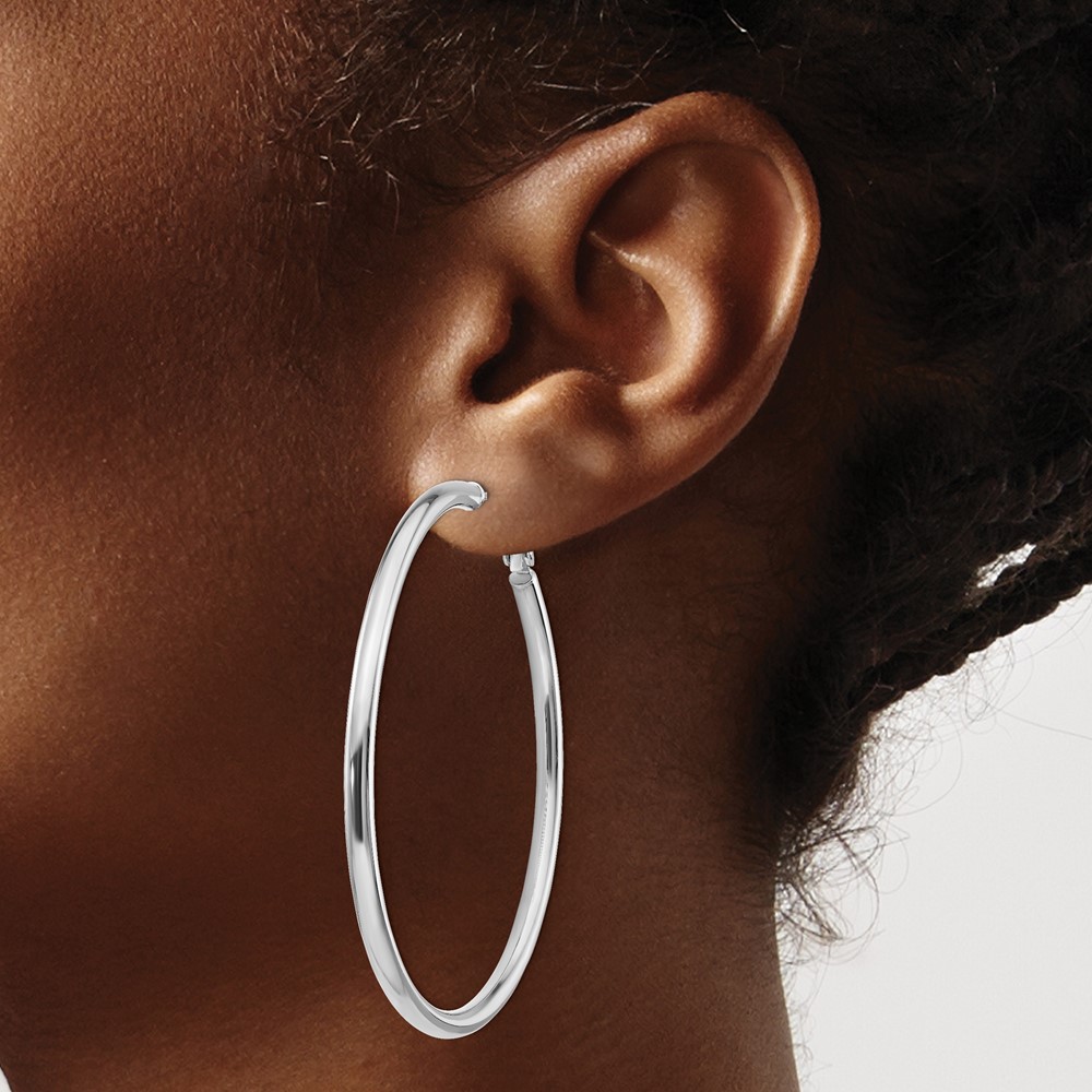 14k White Gold 3x50mm Polished Round Omega Back Hoop Earrings (PRE925W)