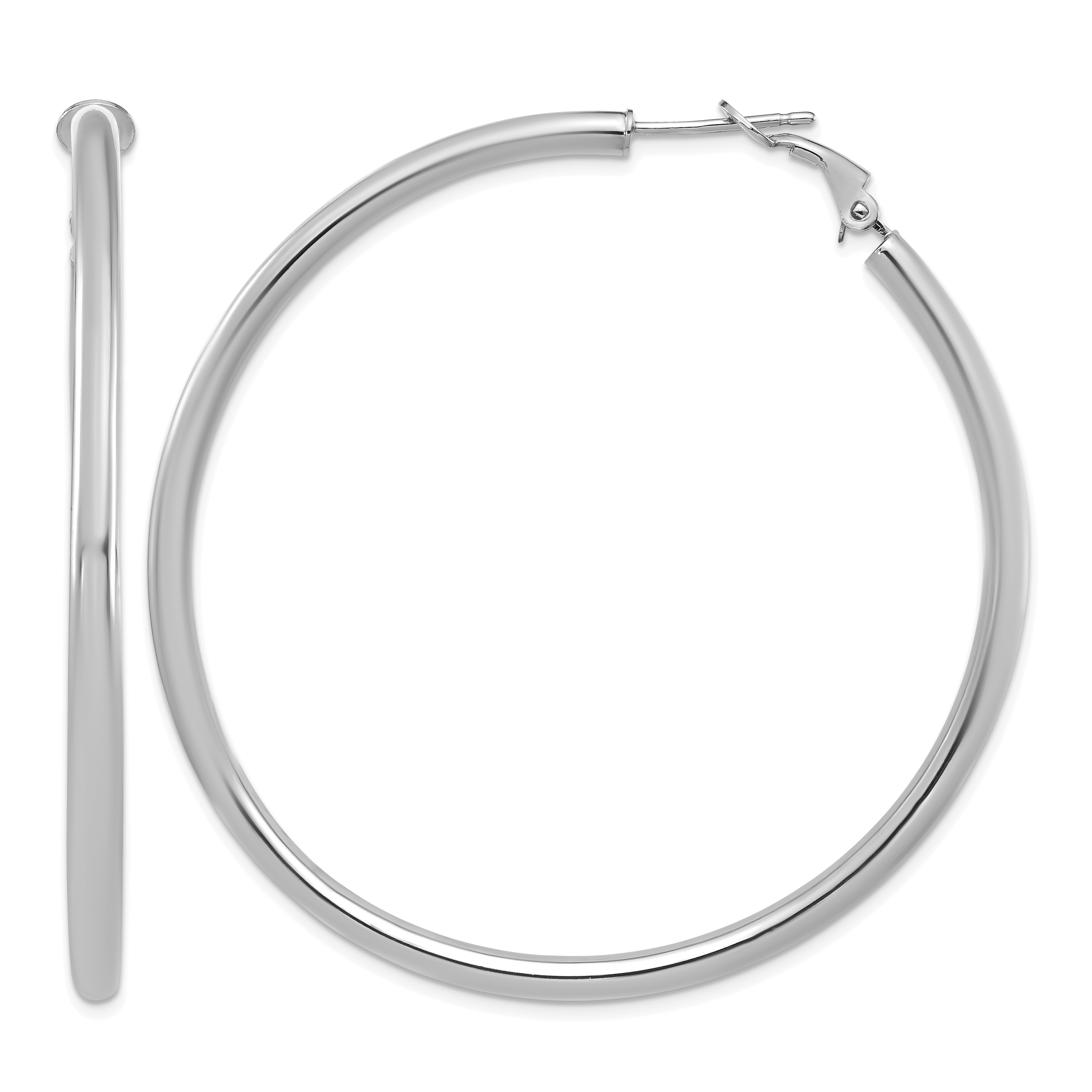 14k White Gold 3x50mm Polished Round Omega Back Hoop Earrings (PRE925W)