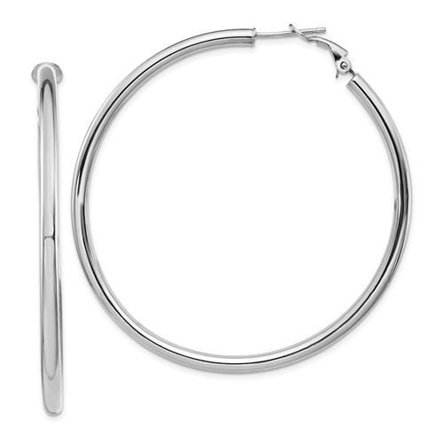 14k White Gold 3x57mm Polished Round Omega Back Tube Hoop Earrings