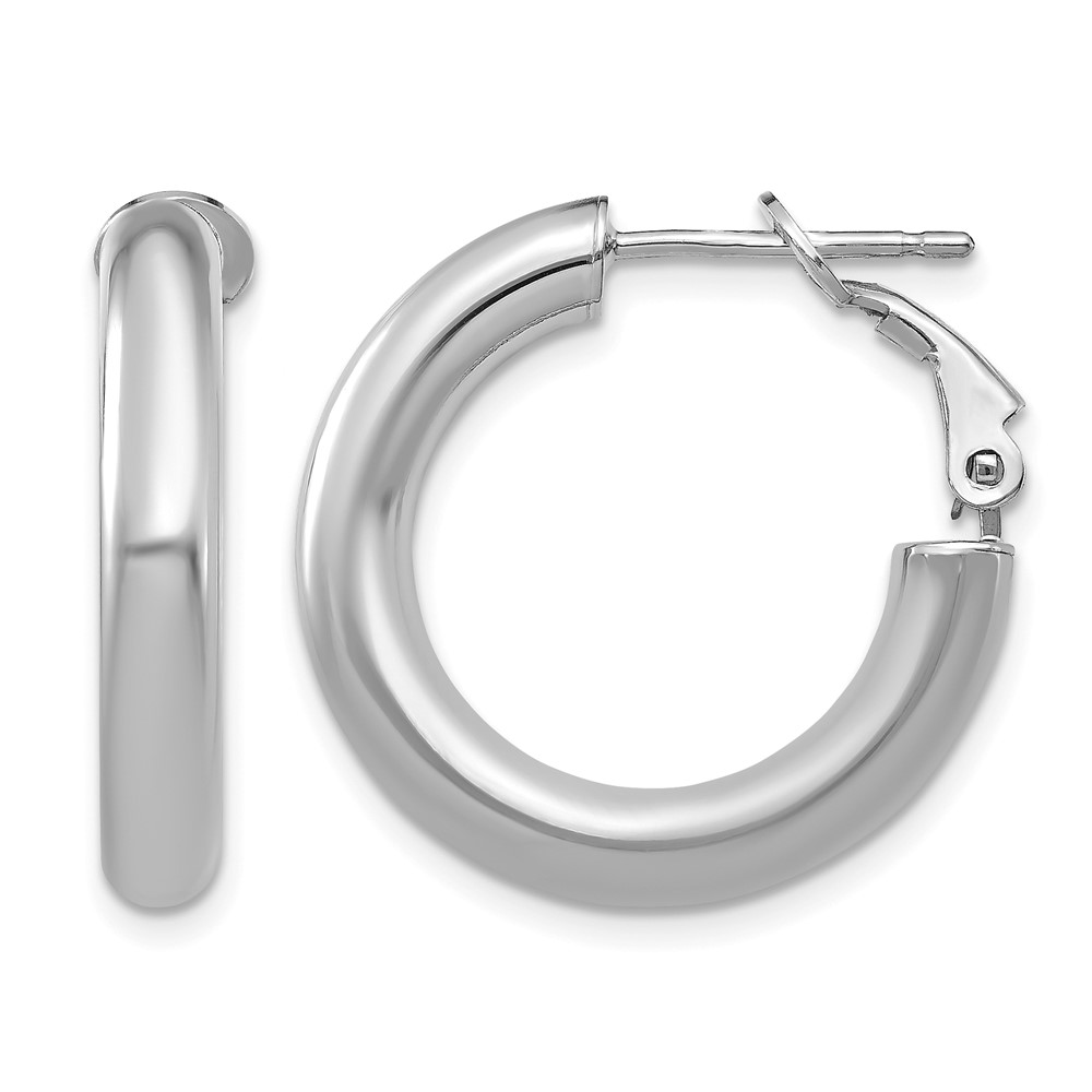 14k White Gold 4x15mm Polished Round Omega Back Hoop Earrings (PRE926W)