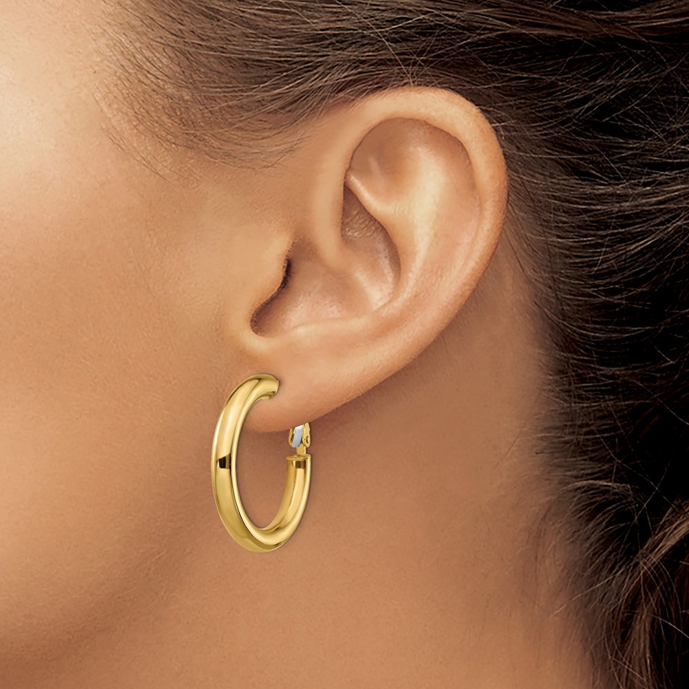14k 4x20mm Polished Round Omega Back Hoop Earrings (PRE927)