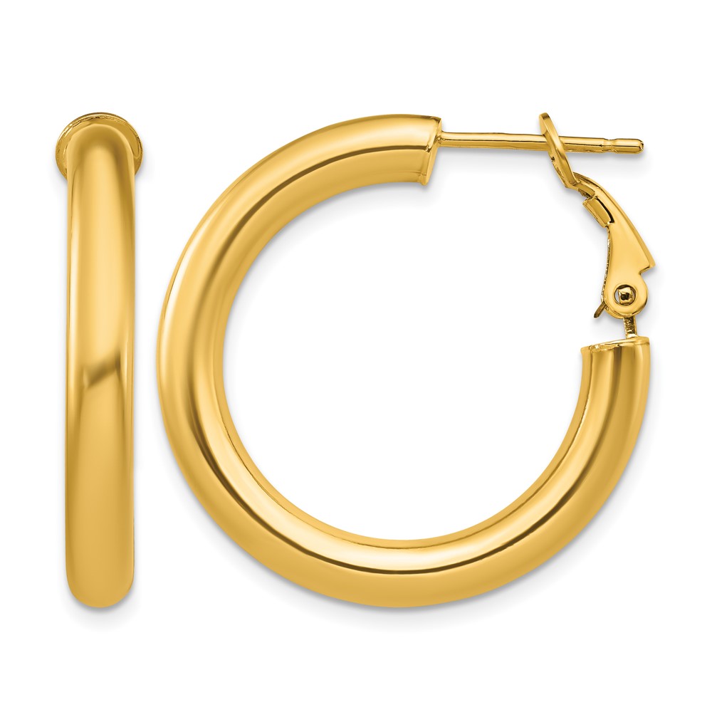 14k 4x20mm Polished Round Omega Back Hoop Earrings (PRE927)