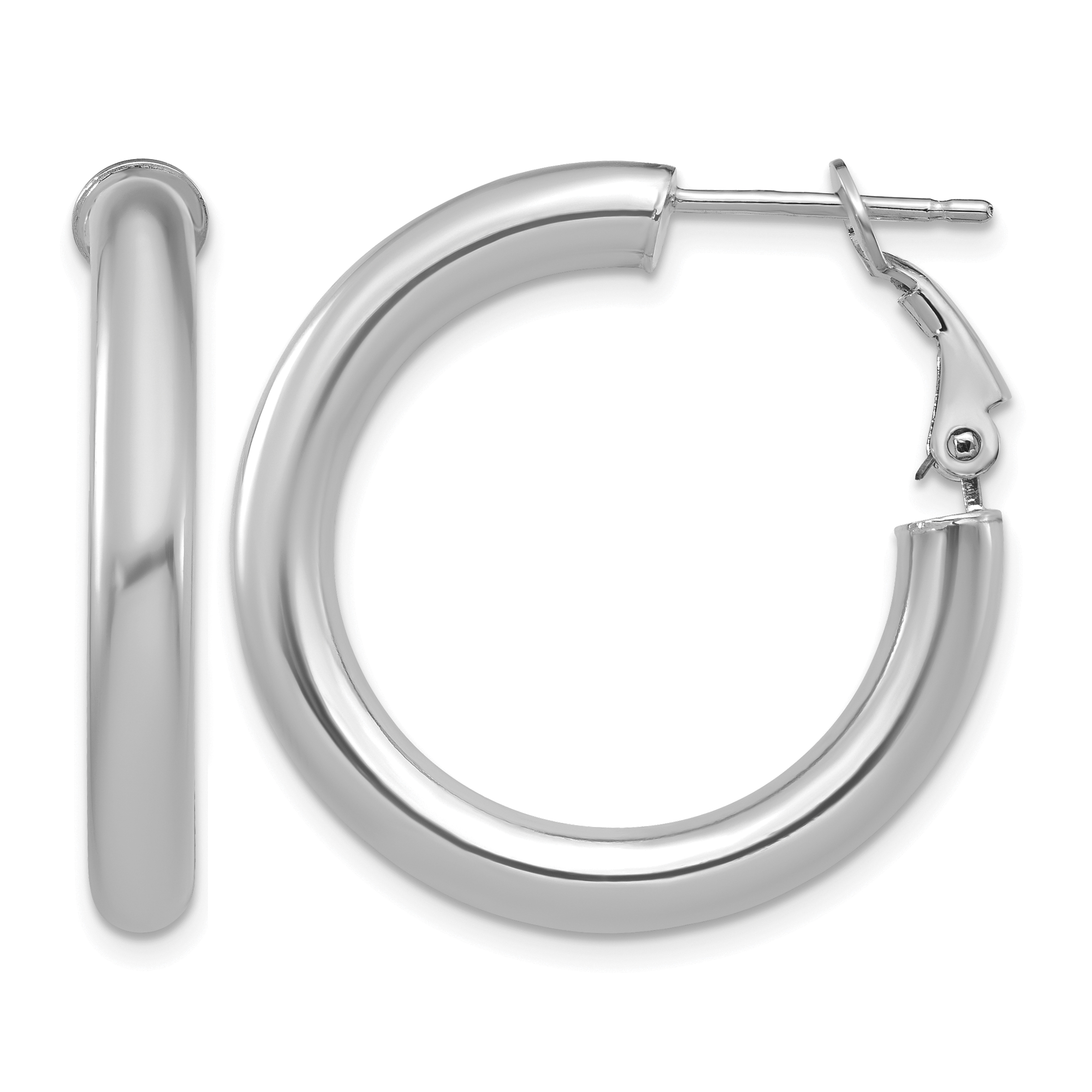 14k White Gold 4x20mm Polished Round Omega Back Hoop Earrings (PRE927W)