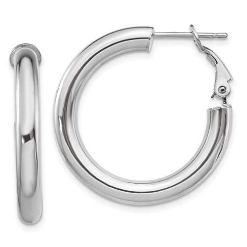 14k White Gold 4x28mm Polished Round Omega Back Tube Hoop Earrings