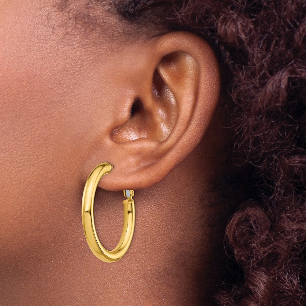 14k 4x25mm Polished Round Omega Back Hoop Earrings (PRE928)