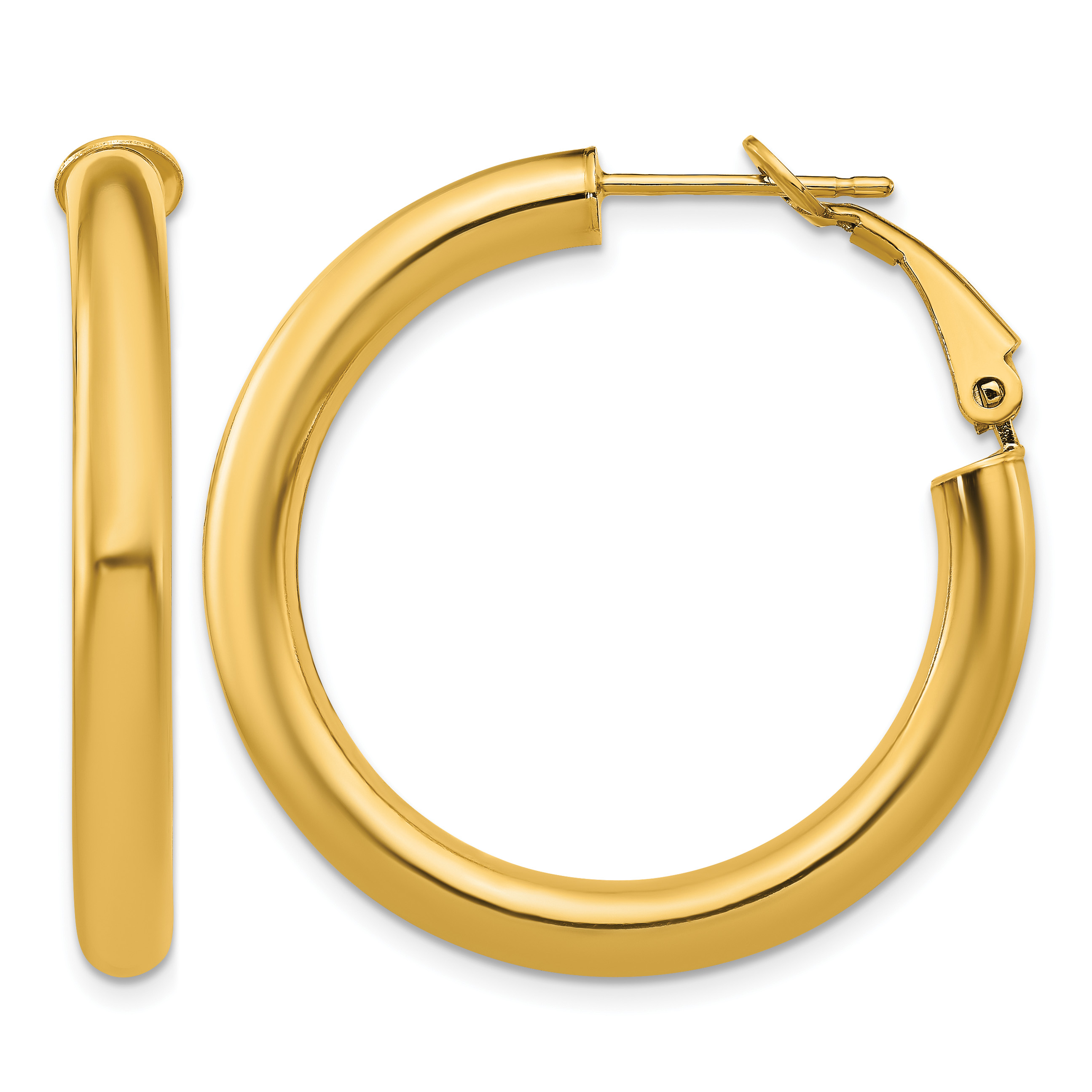 14k 4x25mm Polished Round Omega Back Hoop Earrings (PRE928)
