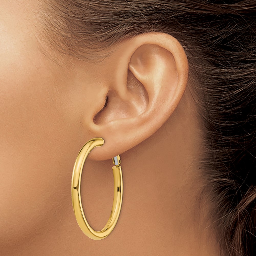 14k 4x35mm Polished Round Omega Back Hoop Earrings (PRE930)