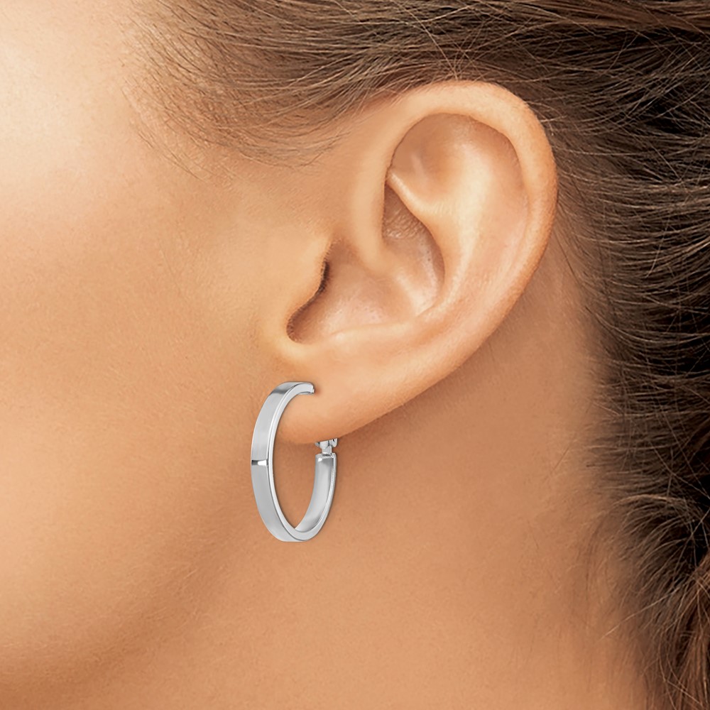 14k White Gold 3x20mm Polished Square Tube Round Hoop Earrings (PRE932W)