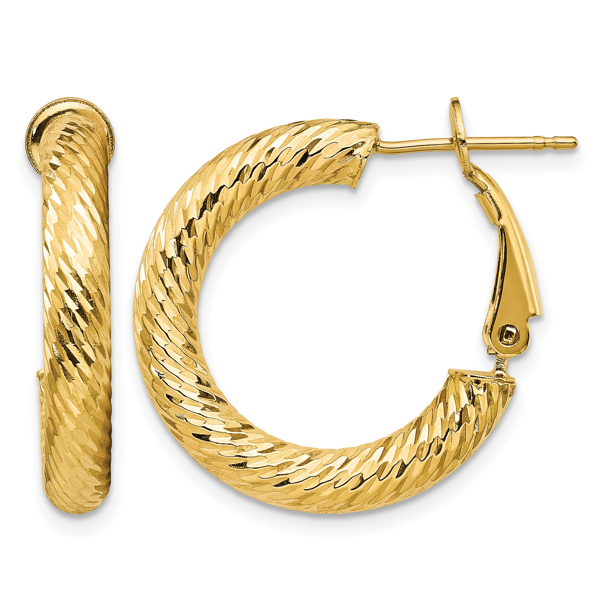 14k 4x15mm Diamond-cut Round Omega Back Hoop Earrings (PRE933)