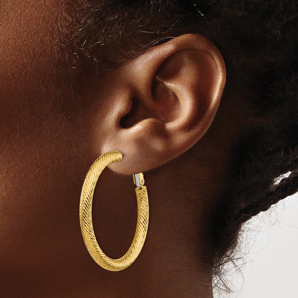 14k 4x30mm Diamond-cut Round Omega Back Hoop Earrings (PRE936)