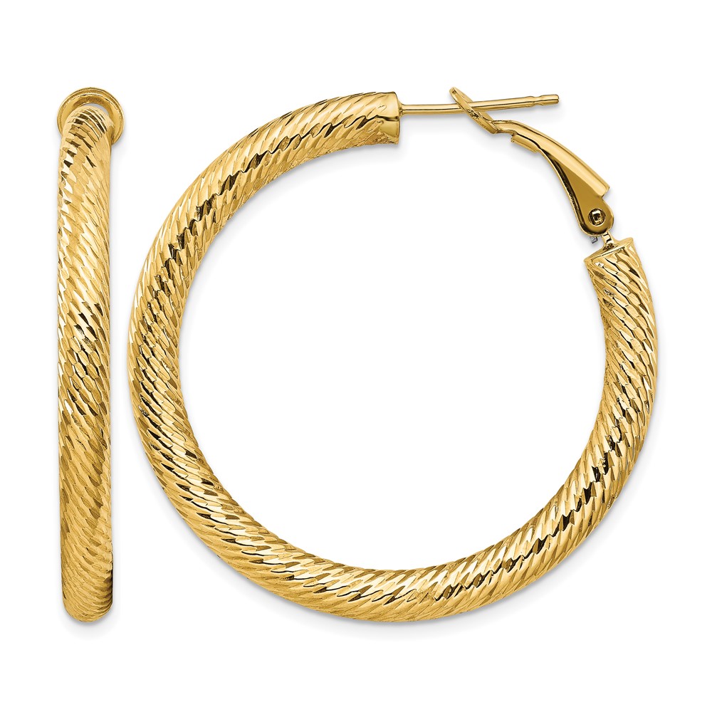 14k 4x30mm Diamond-cut Round Omega Back Hoop Earrings (PRE936)