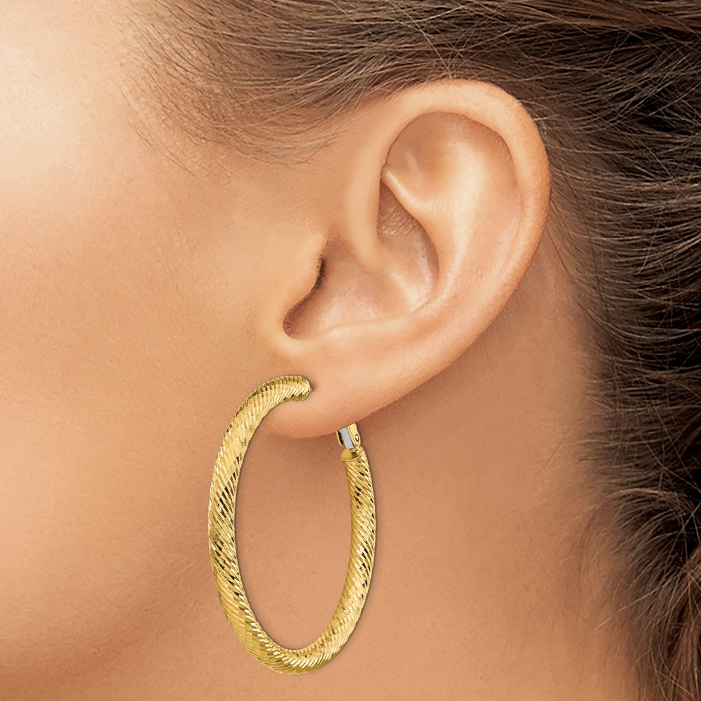 14k 4x35mm Diamond-cut Round Omega Back Hoop Earrings (PRE937)
