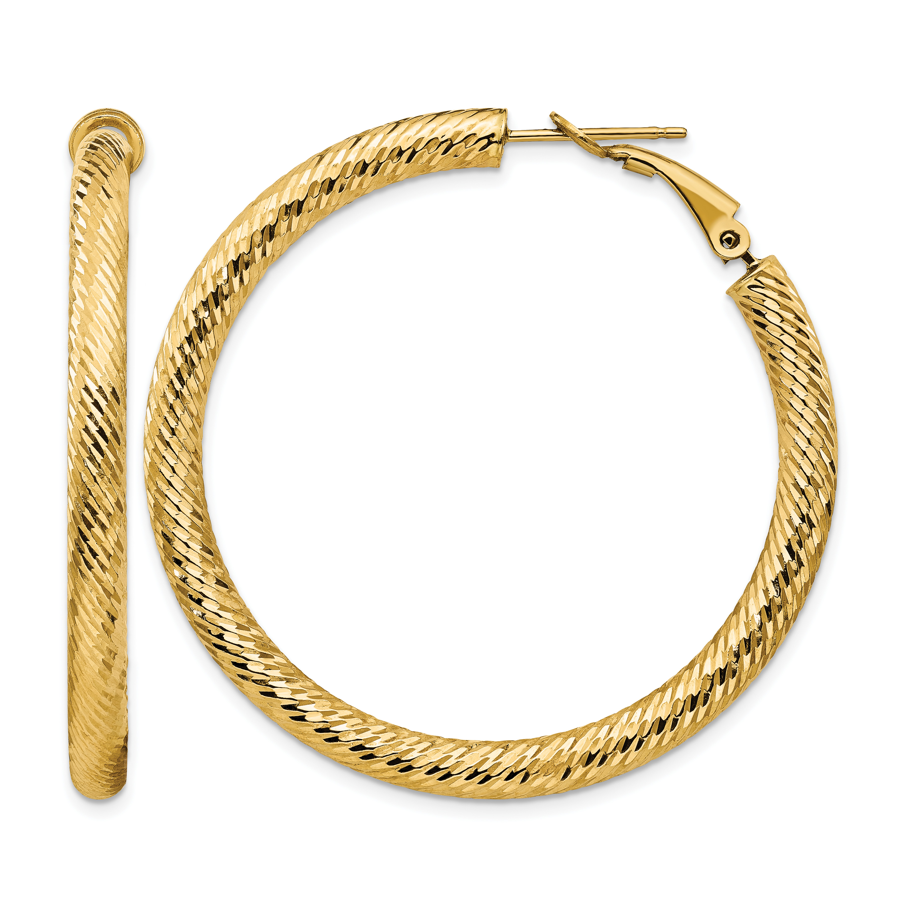 14k 4x35mm Diamond-cut Round Omega Back Hoop Earrings (PRE937)