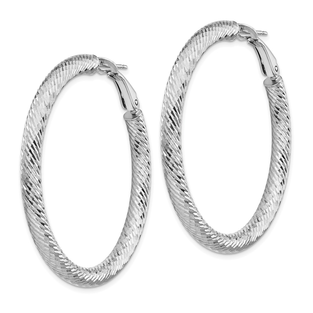 14k 4x35mm White Gold Diamond-cut Round Omega Back Hoop Earrings (PRE937W)