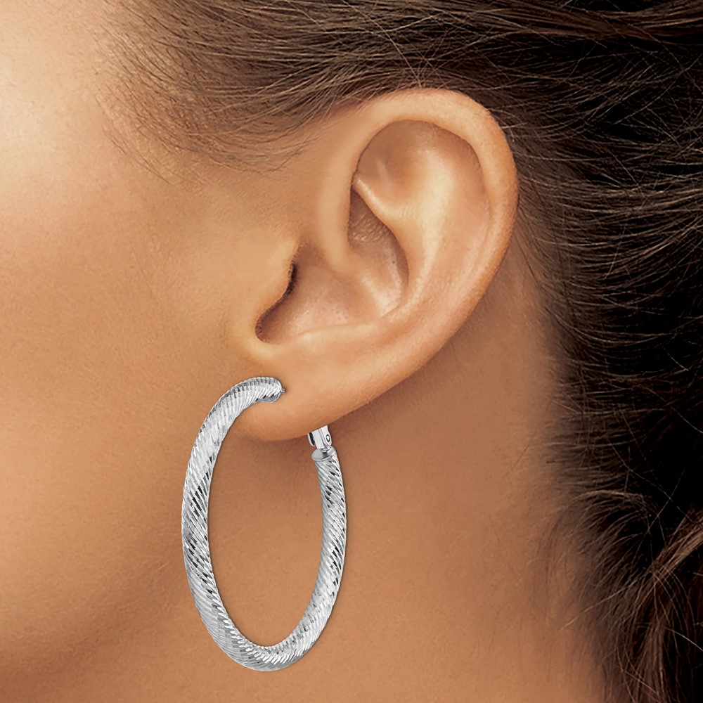 14k 4x35mm White Gold Diamond-cut Round Omega Back Hoop Earrings (PRE937W)