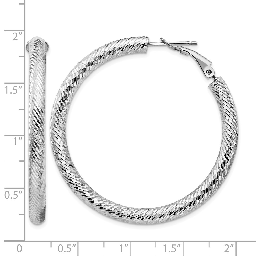14k 4x35mm White Gold Diamond-cut Round Omega Back Hoop Earrings (PRE937W)