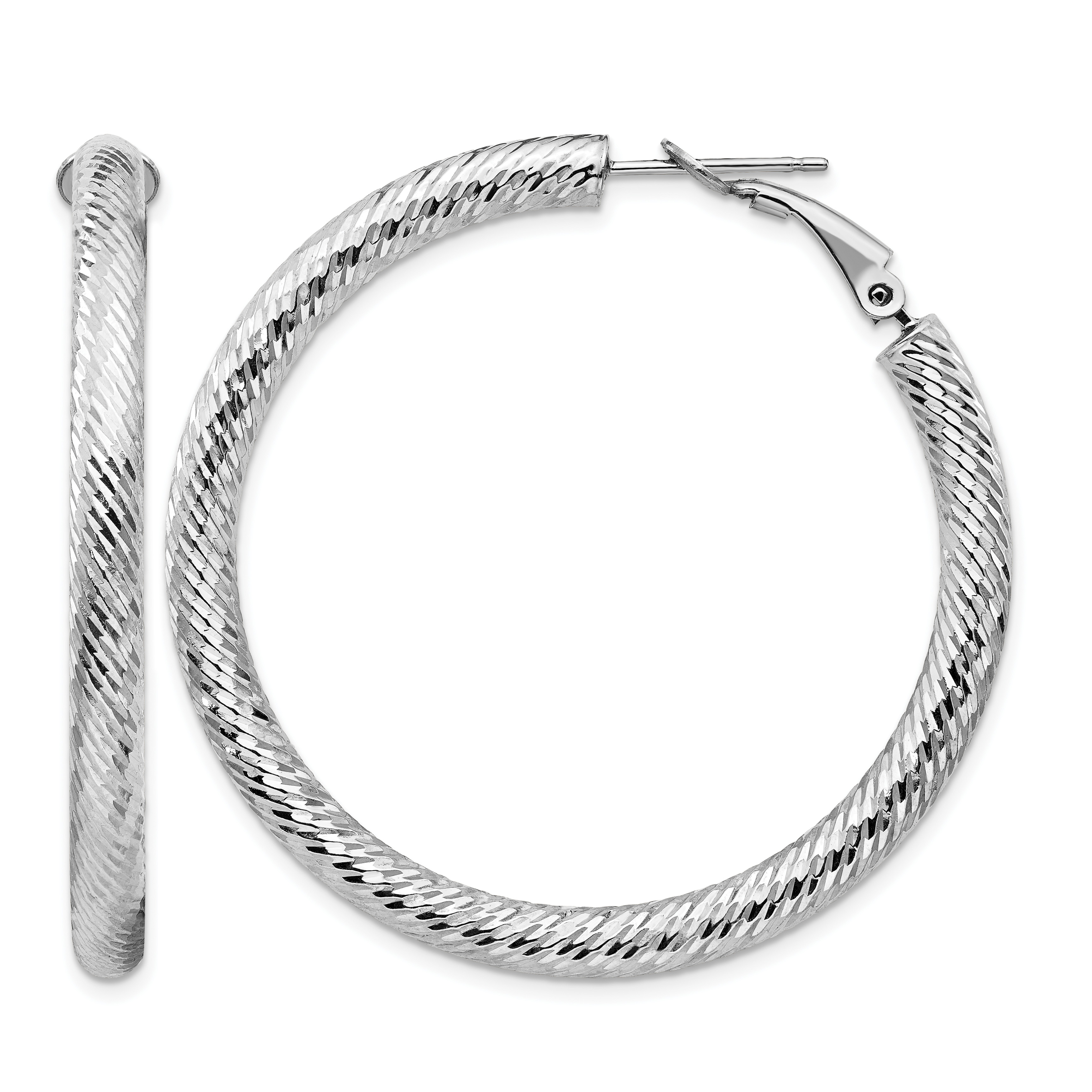 14k 4x35mm White Gold Diamond-cut Round Omega Back Hoop Earrings (PRE937W)