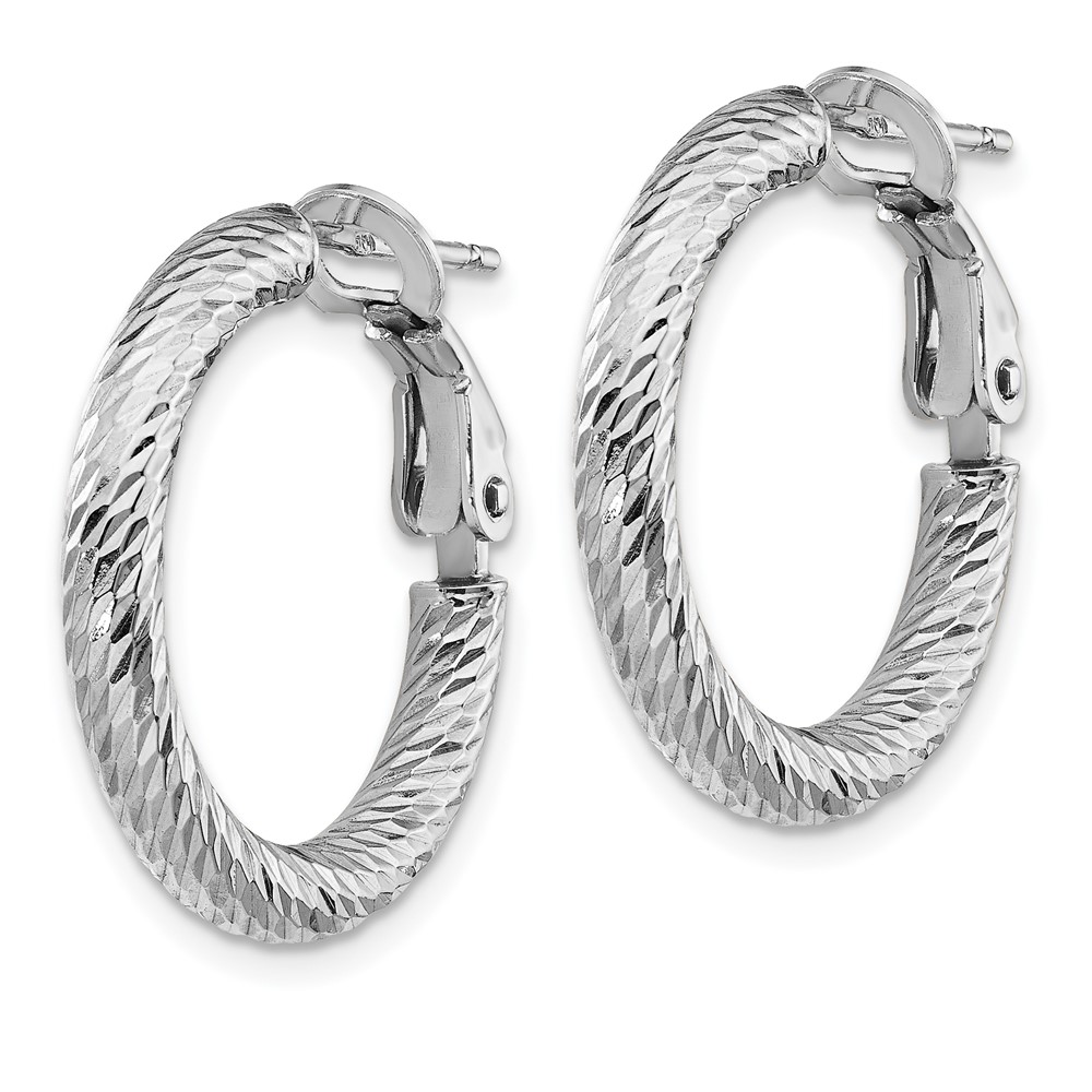 14k 3x15mm White Gold Diamond-cut Round Omega Back Hoop Earrings (PRE938W)